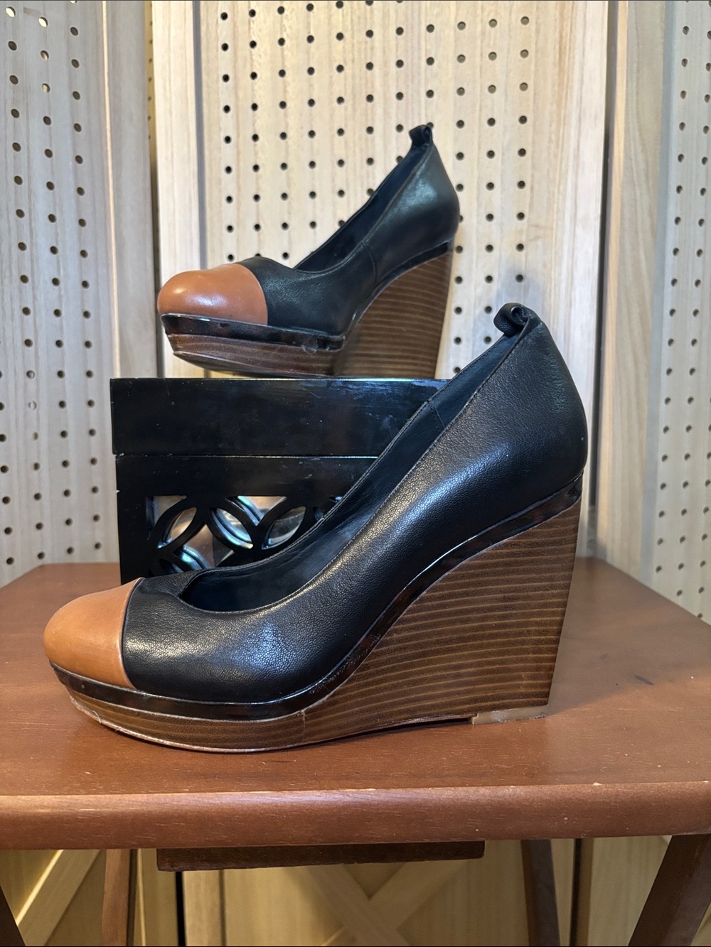 White House Black Market Black and Brown Leather wood heel Wedge Pumps